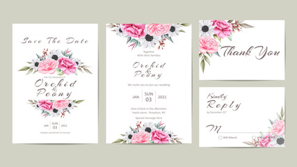 Cute Floral Wedding Invitation Set of Watercolor Flowers and Wild Leaves