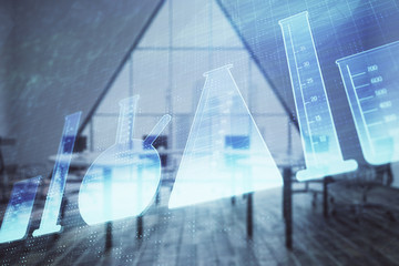 Double exposure of flasks drawing on conference room background. Concept of education