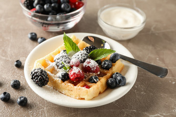 Composition of breakfast with belgian waffle, space for text