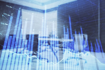 Multi exposure of stock market graph on conference room background. Concept of financial analysis