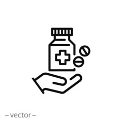 medicine icon, pills bottle in hand, thin line symbols for web and mobile phone on white background - editable stroke vector illustration eps10