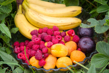 Fruits and berries in a bowl on the grass. Bananas, plums, apricots and raspberries.