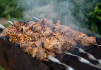 cook shashlik on the grill with coal in the street