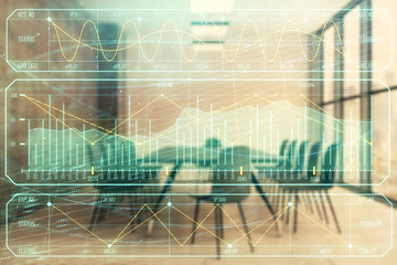 Multi exposure of stock market graph on conference room background. Concept of financial analysis