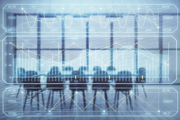Multi exposure of stock market graph on conference room background. Concept of financial analysis