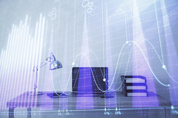 Stock market chart and desktop office computer background. Multi exposure. Concept of financial analysis.