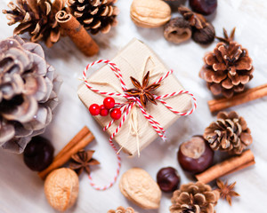 Fototapeta na wymiar Composition with Christmas gift in hand made wrap. Rustic style, natural elements. Cones, craft paper, cinnamon, chestnut, walnut, anise, ropes, red berries serve to create holiday mood. Family time