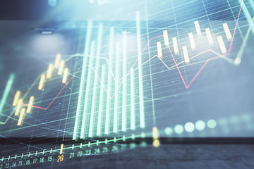 Double exposure of financial graph on empty room interior background. Forex market concept.