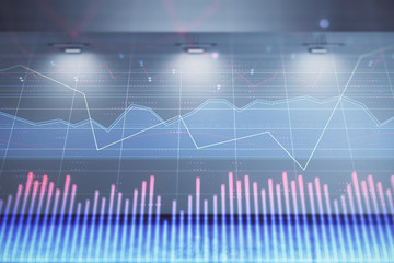 Double exposure of financial graph on empty room interior background. Forex market concept.
