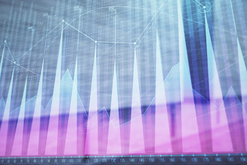 Double exposure of stock market graph on empty exterior background. Concept of analysis