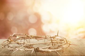 crown of thorns on a wooden table in the sunlight