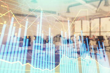 Stock and bond market graph with trading desk bank office interior on background. Multi exposure. Concept of financial analysis