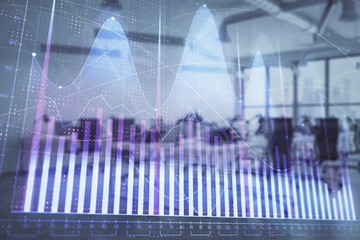 Stock and bond market graph with trading desk bank office interior on background. Multi exposure. Concept of financial analysis