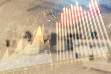 Stock market chart with trading desk bank office interior on background. Double exposure. Concept of financial analysis