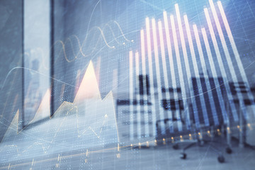 Stock market chart with trading desk bank office interior on background. Double exposure. Concept of financial analysis