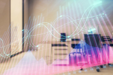Stock market chart with trading desk bank office interior on background. Double exposure. Concept of financial analysis