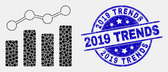 Pixel trend chart mosaic pictogram and 2019 Trends stamp. Blue vector round scratched stamp with 2019 Trends caption. Vector collage in flat style.