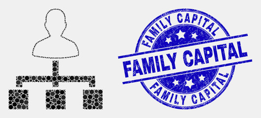 Pixelated user links mosaic icon and Family Capital seal stamp. Blue vector round textured seal stamp with Family Capital phrase. Vector combination in flat style.