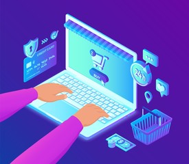 Online shopping. 3D isometric online store. Shopping Online on Website or Mobile Application. Isometric hands on the laptop keyboard. Bank card, money and shopping bag. Vector illustration.