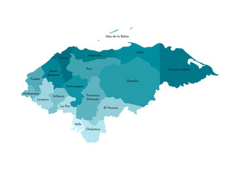 Vector isolated illustration of simplified administrative map of Honduras. Borders and names of the departments (regions). Colorful blue khaki silhouettes