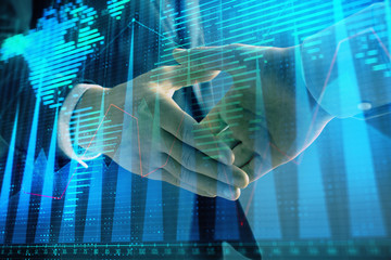 Multi exposure of forex graph and world map on abstract background with two businessmen handshake. Concept of success on international markets
