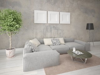  Mock up a stylish living room with a comfortable corner sofa and trendy hipster backdrop.