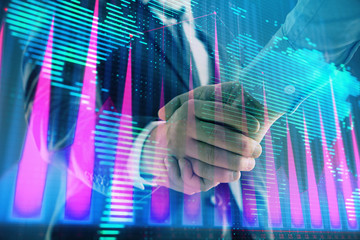 Multi exposure of forex graph and world map on abstract background with two businessmen handshake. Concept of success on international markets