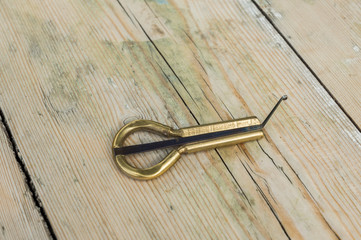 Folk music instrument vargan on wooden background