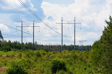 Electricity power pole for transmission lines network. Environment and energy concept