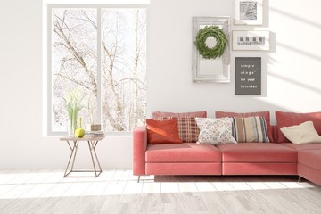 Stylish room in white color with sofa and winter landscape in window. Scandinavian interior design. 3D illustration
