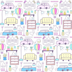Seamless pattern with home furniture background. Vector illustration.