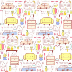 Seamless pattern with home furniture background. Vector illustration.