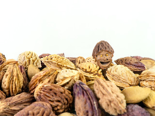 The male face figurine, piece of food art, fruit pit carving, good luck wish symbol, over the multitude of other peach pits. Leadership, uniqueness, individuality, union and success concept