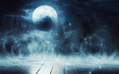 Dark abstract background. Wooden tabletop background, snow, winter. Dark night background in the...