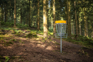 Disc Golf Basket in the Woods