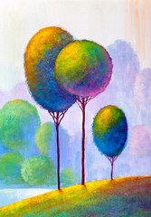 Abstract trees on the river bank. Original painting.