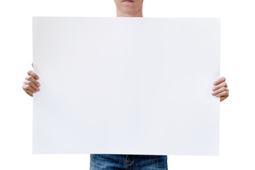 The man holding paper with blank space for add text isolate on white background. Office workplace.