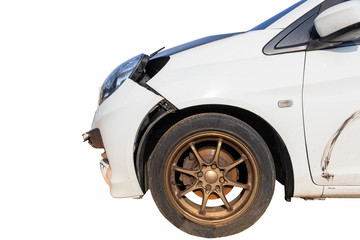 Front of white color car damaged and broken by accident on road parking con not drive any more. Isolate on white background. Save with clipping path