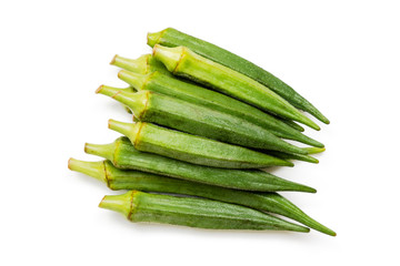 Green fresh of young okra or ladyfinger vegetable isolate on white background. Healthy food  for cooking.