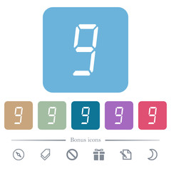 digital number nine of seven segment type flat icons on color rounded square backgrounds