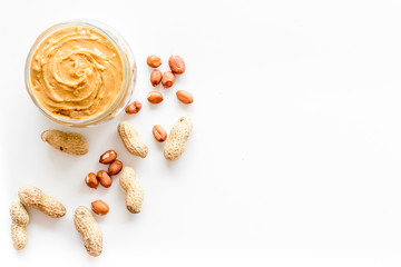 peanut butter for cooking breakfast at home on white background top view mock up