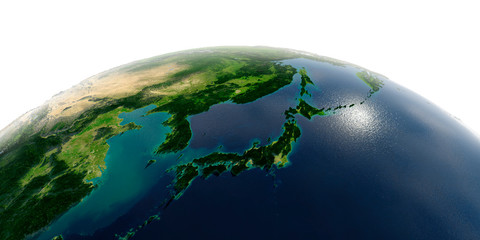 Detailed Earth on white background.. Japan and Korea