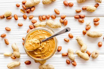 peanut butter for cooking breakfast at home on white background top view pattern