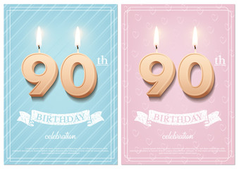 Burning number 90 birthday candles with vintage ribbon and birthday celebration text on textured blue and pink backgrounds in postcard format. Vector vertical ninetieth birthday invitation templates.