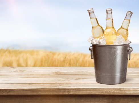 Beer Bottles in Bucket with ice cubes isolated on white