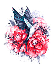 Flying swallow with peony flowers. Hand drawn illustration. Great for print, t-shirt and other © aksol