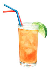 Watercolor illustration of a tropical alcoholic cocktail