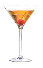 Watercolor illustration of a traditional Manhattan alcoholic cocktail in a Martini glass