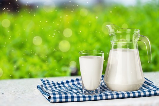 A glass of milk and a milk jug on plaid tablecloth