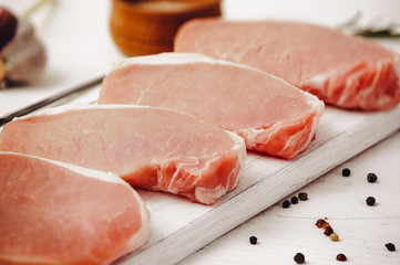 Pork cuts steak closeup with copyspace. Rustic background.